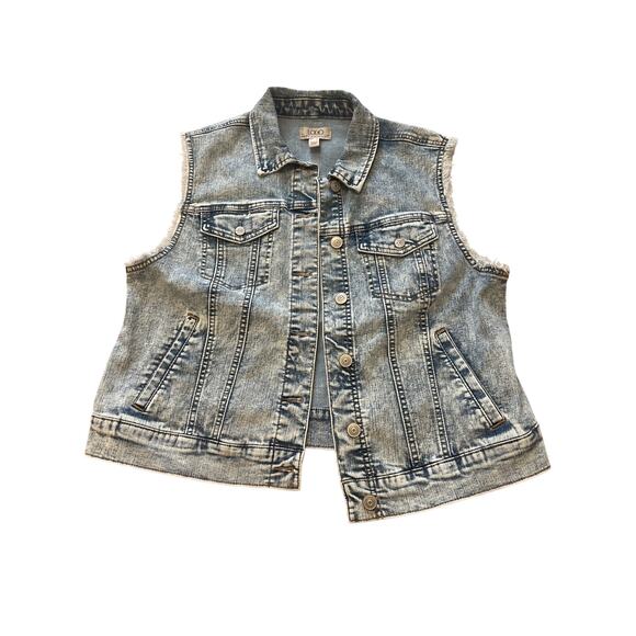 LOGO Lori Goldstein Vest Womens 10 Light Wash Denim Blue Jean Fringe Edges Plus - Picture 1 of 7